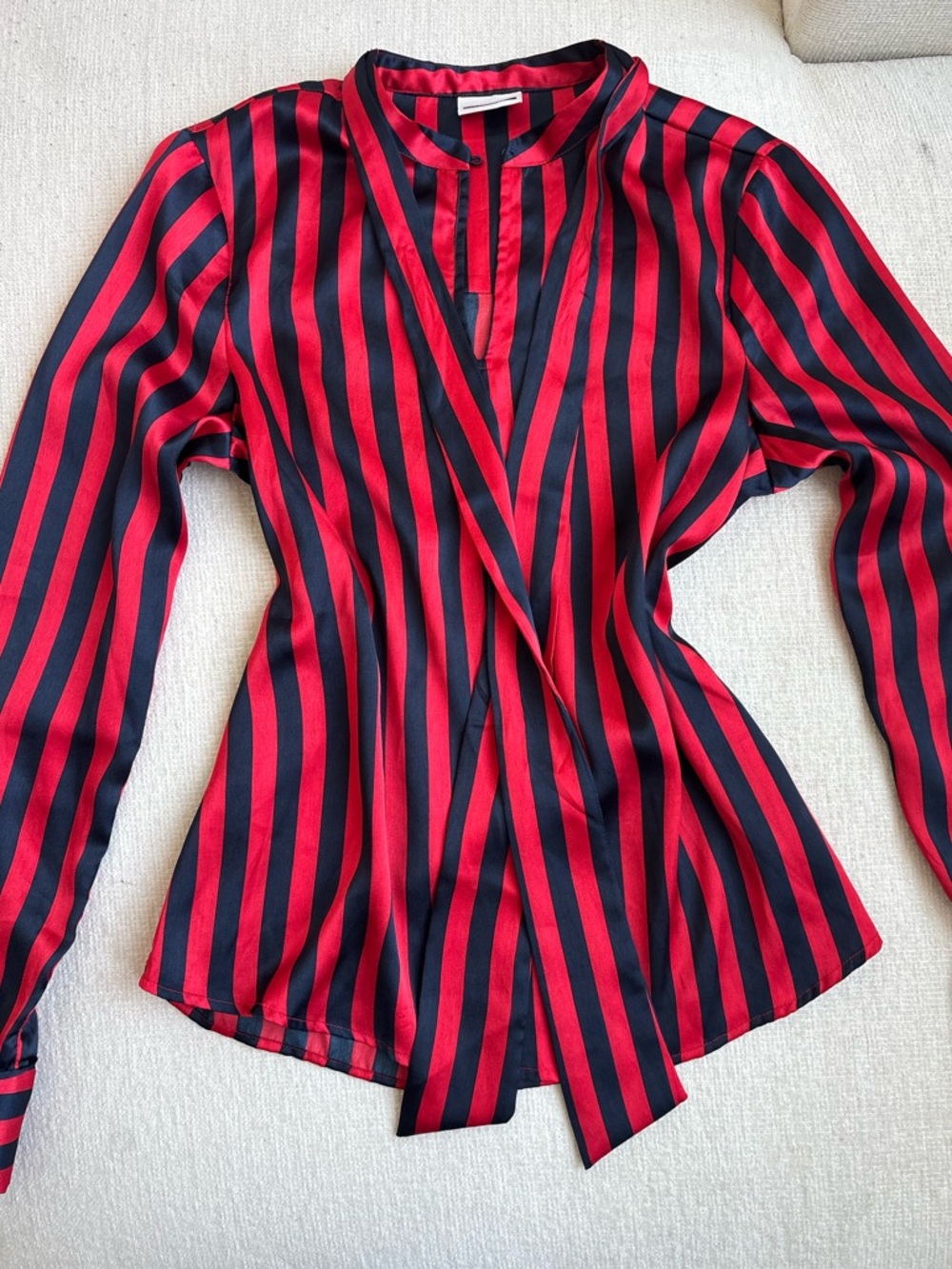 Noisy May Red & Black Vertical Stripe Tie-Neck Blouse
